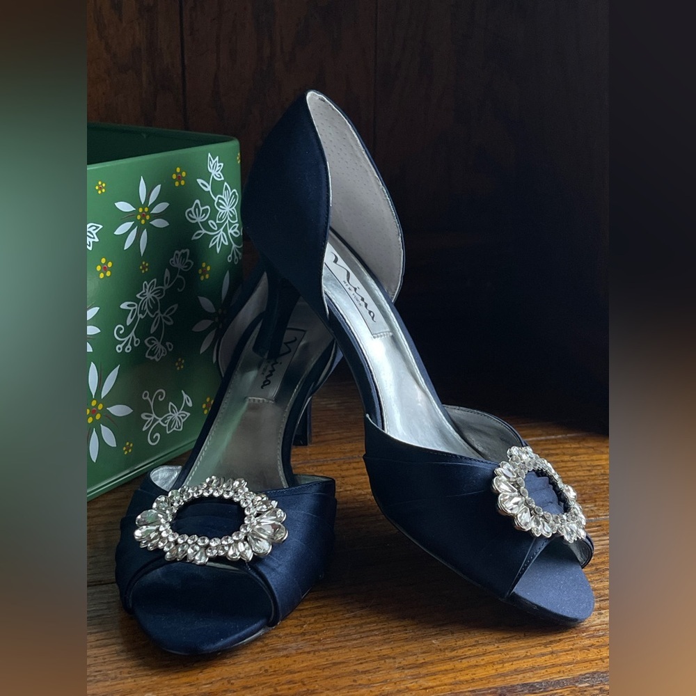 Nina Midnight Blue Satin Heels with Crystal Accents - Picture 2 of 8